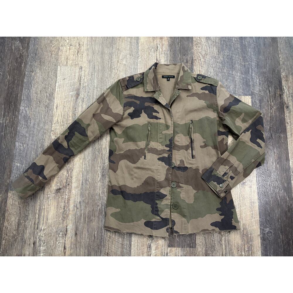 Kendall & Kylie Camo Utility Jacket Womens Medium Green Brown Military Raw Hem